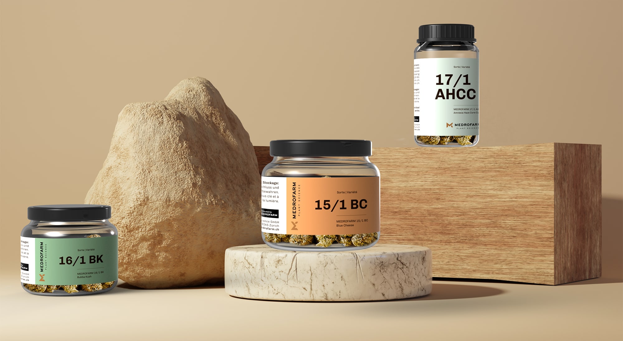 Various medicinal cannabis flowers packaged in cans by Medrofarm, these beautifully presented.